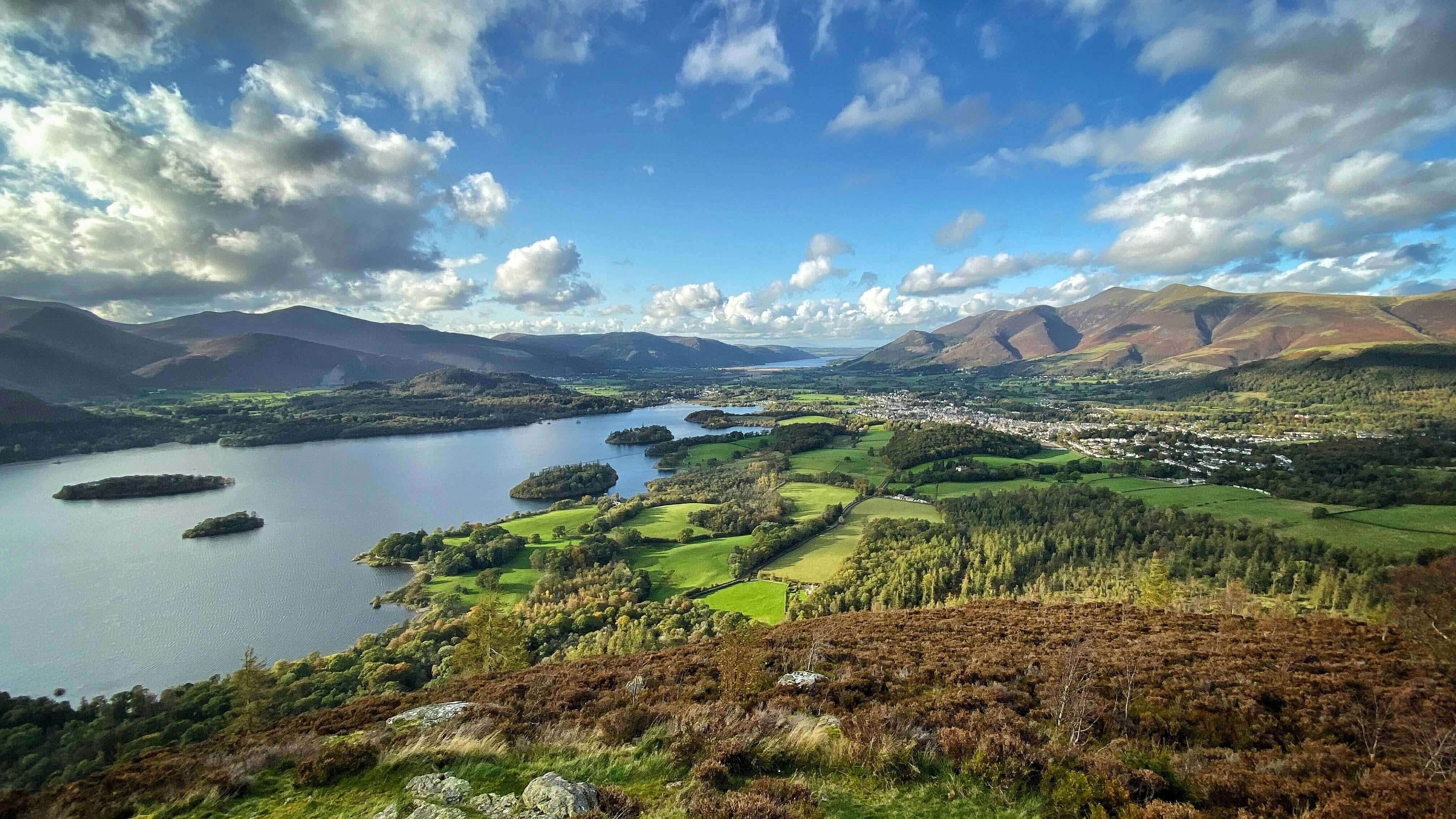 Derwentwater and Keswick seen from Walla Crag, with the Skiddaw fells beyond