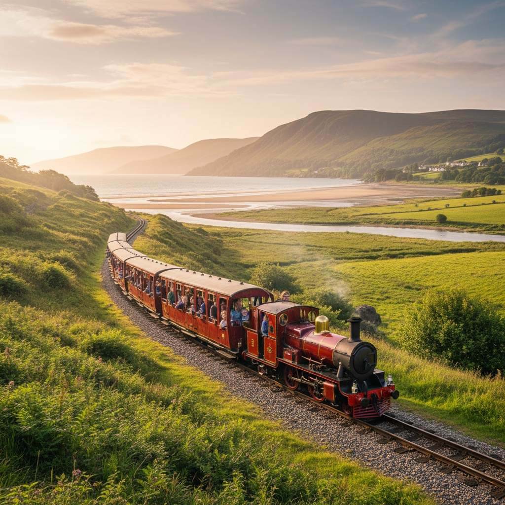 The Ravenglass & Eskdale steam train travelling through the scenic Eskdale valley