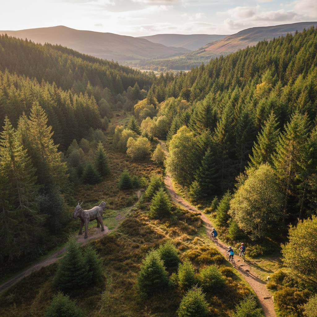 A wooden sculpture stands amongst the trees in Grizedale Forest