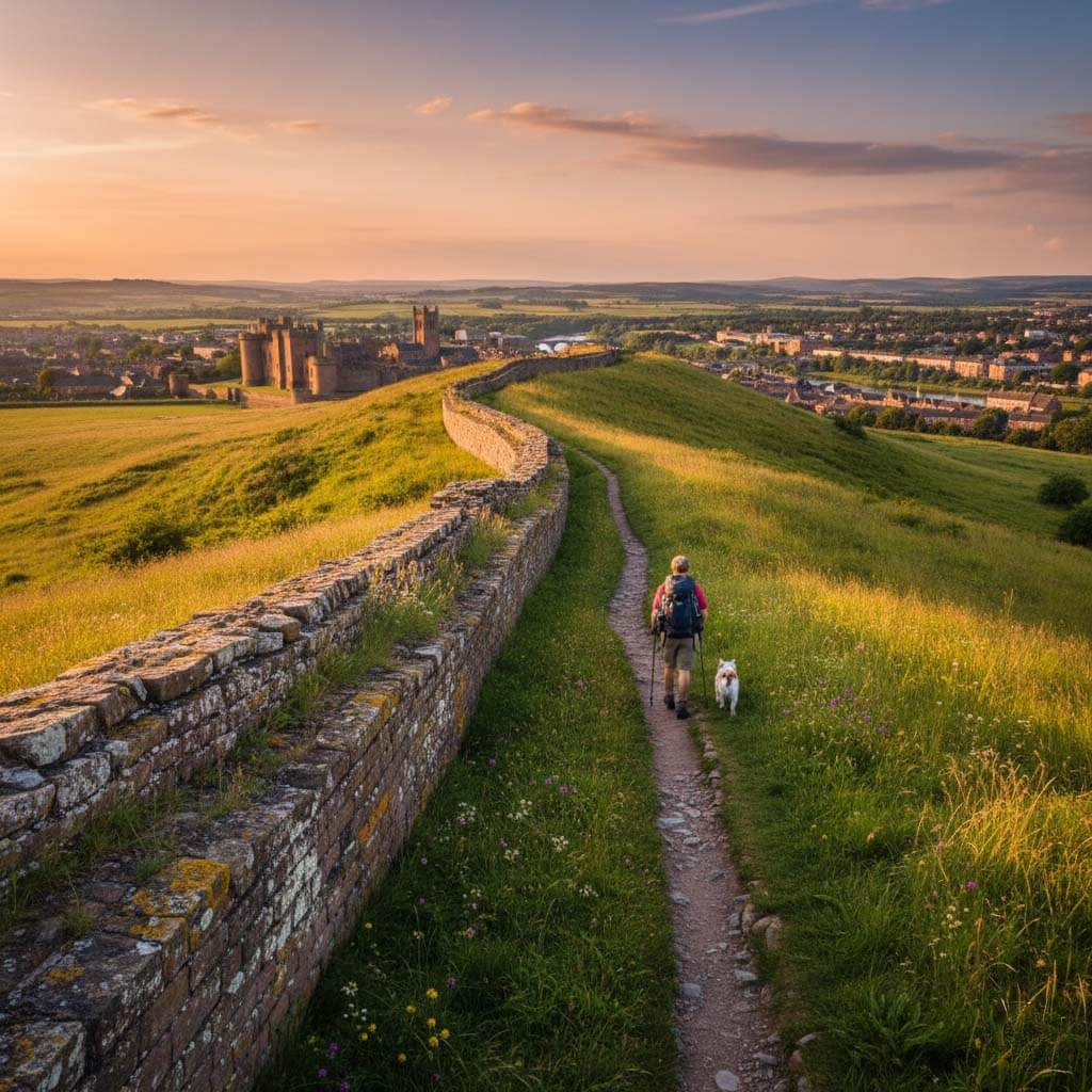 A view of Hadrian's Wall snaking across the Northumberland landscape