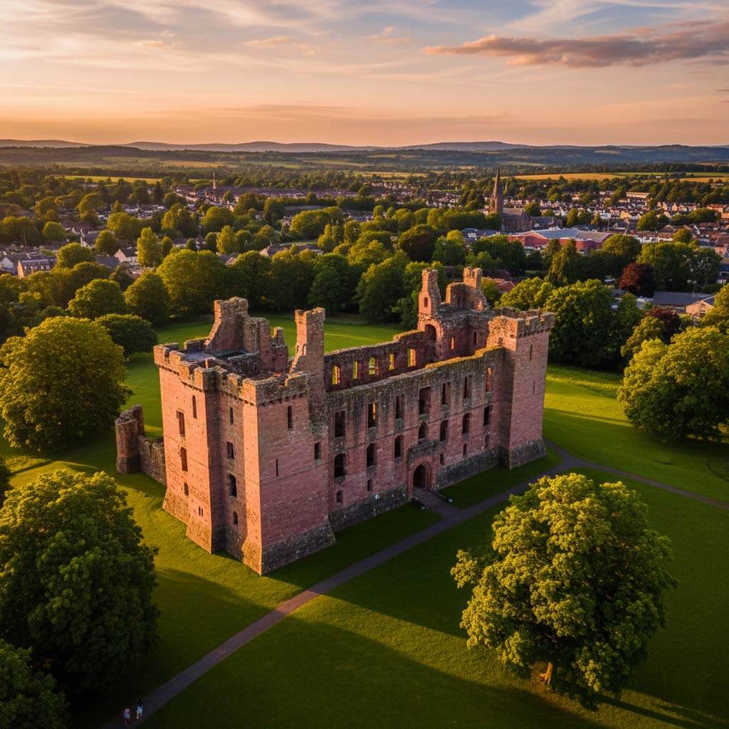 The impressive ruins of Penrith Castle against a blue sky