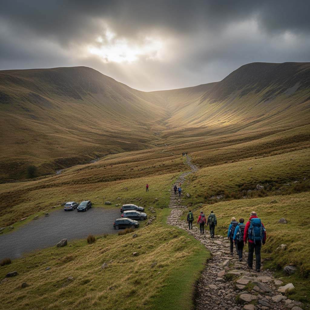 A hiker on the summit of High Street, looking down the majestic valley towards Haweswater reservoir