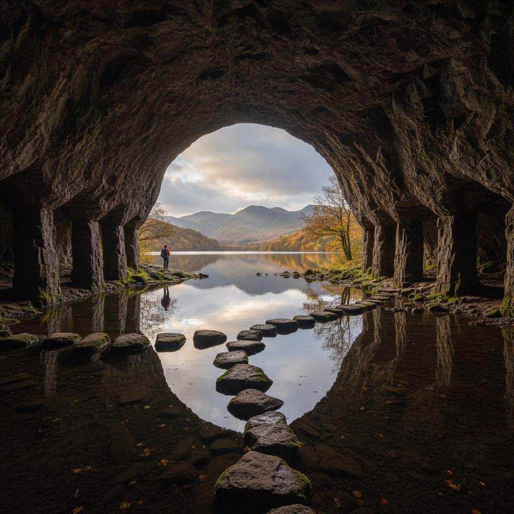 The dramatic entrance to Rydal Cave with stepping stones over the water