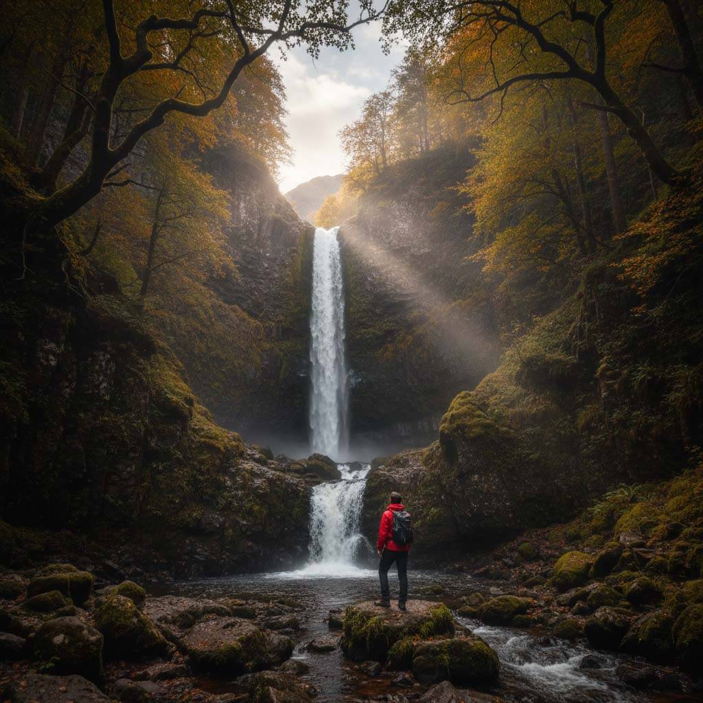 The tall, slender cascade of Scale Force waterfall in its rocky gorge
