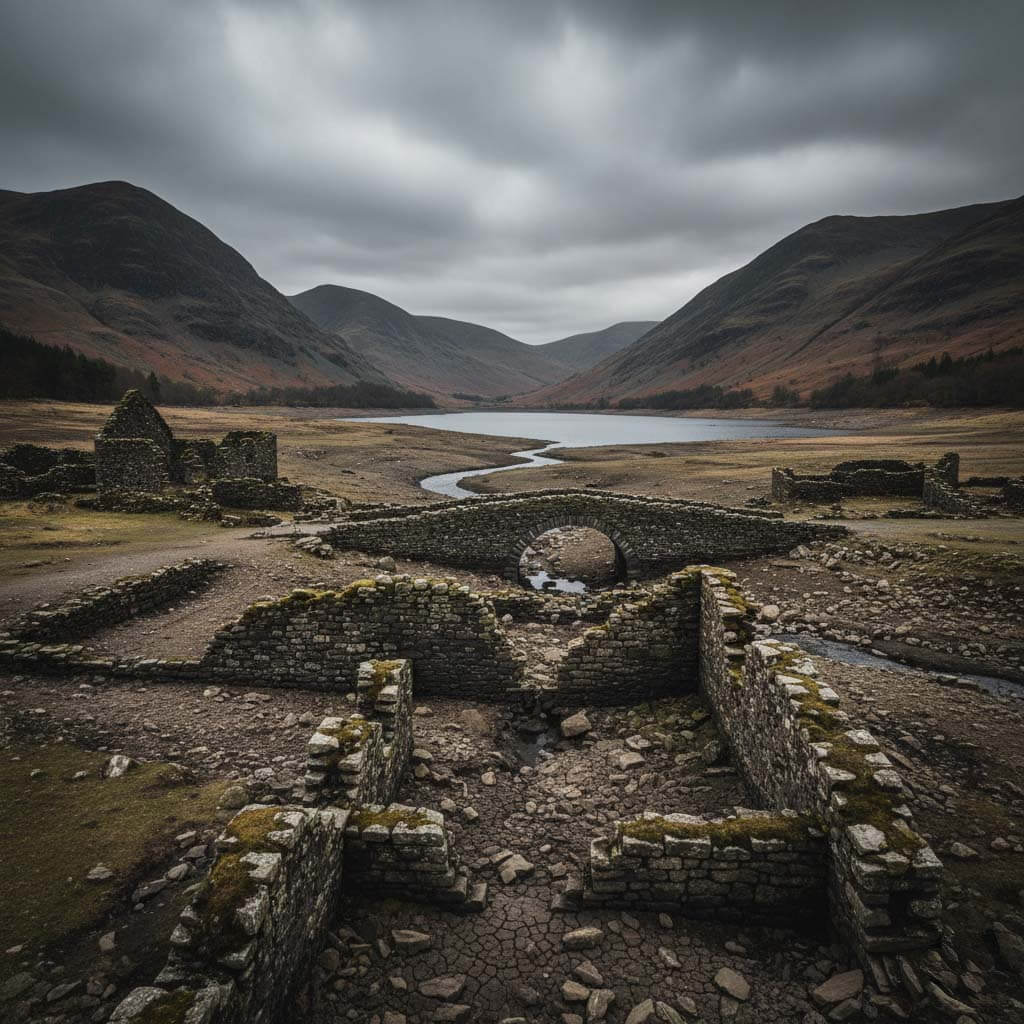 The ghostly stone walls of the drowned village of Mardale Green revealed by low water levels