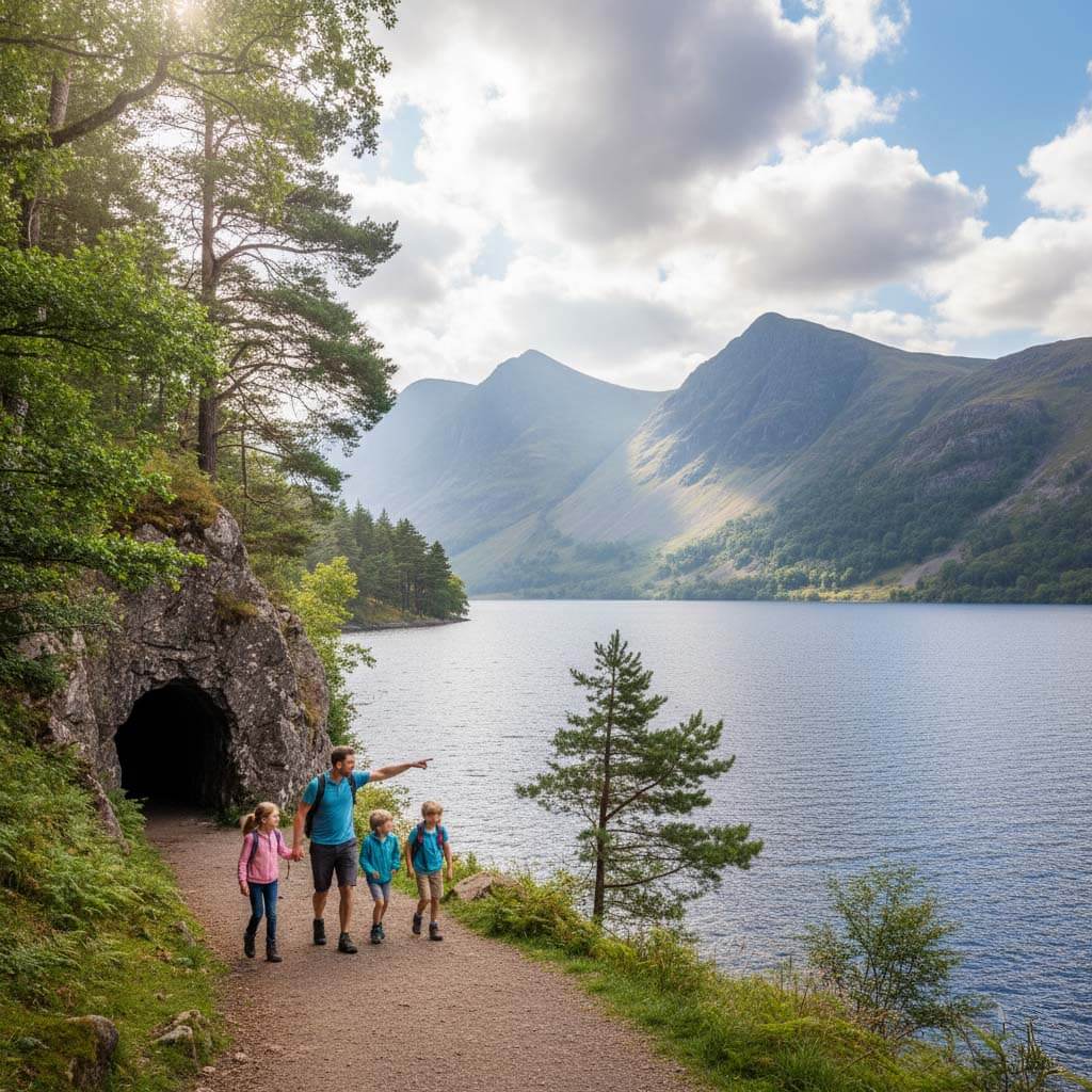A family walking on the shoreline path at Buttermere with mountains behind