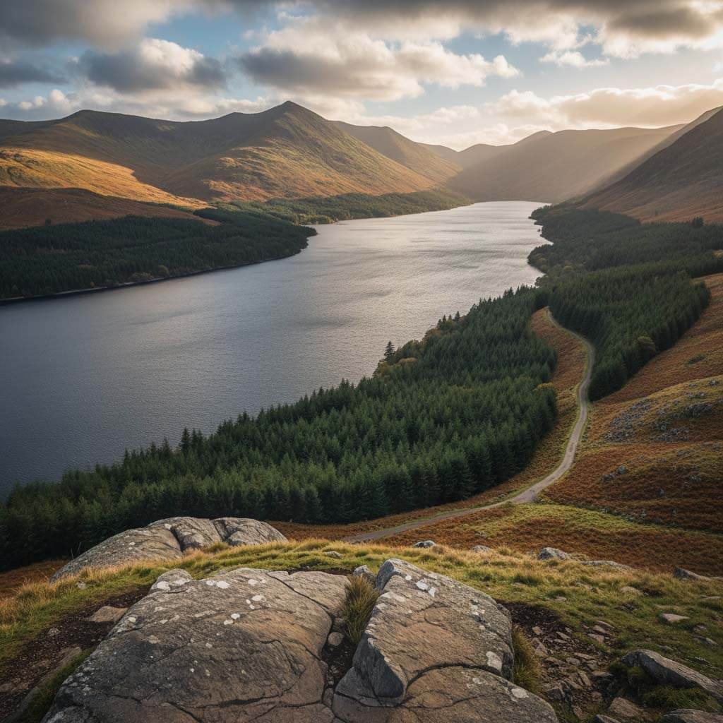 A hiker looking towards Helvellyn from the shores of Thirlmere