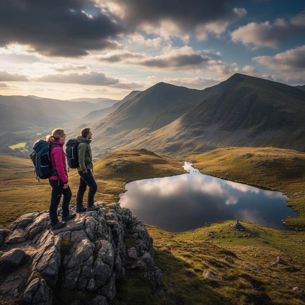The rocky summit of Haystacks with Innominate Tarn and high fells beyond