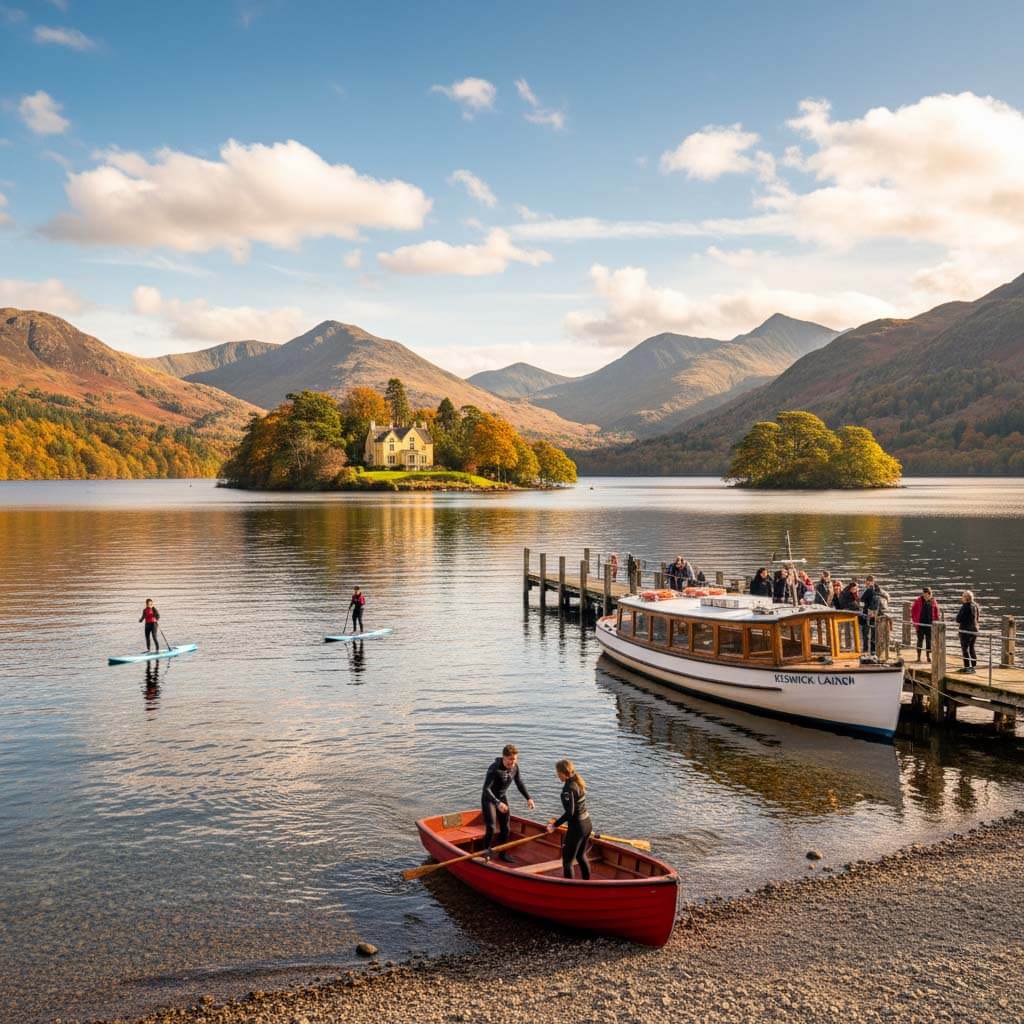The Keswick Launch boat on a sunny day on Derwent Water