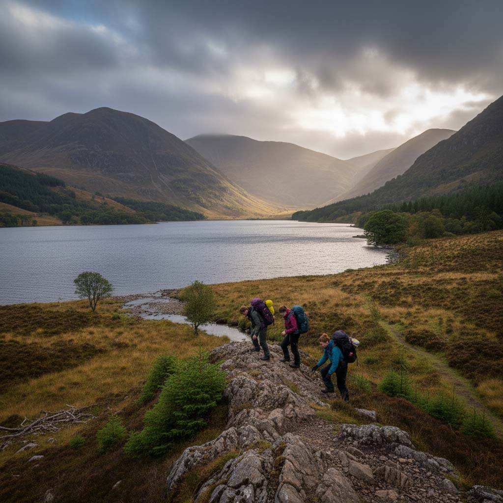 Hikers on the rough path around Ennerdale Water with fells in the background