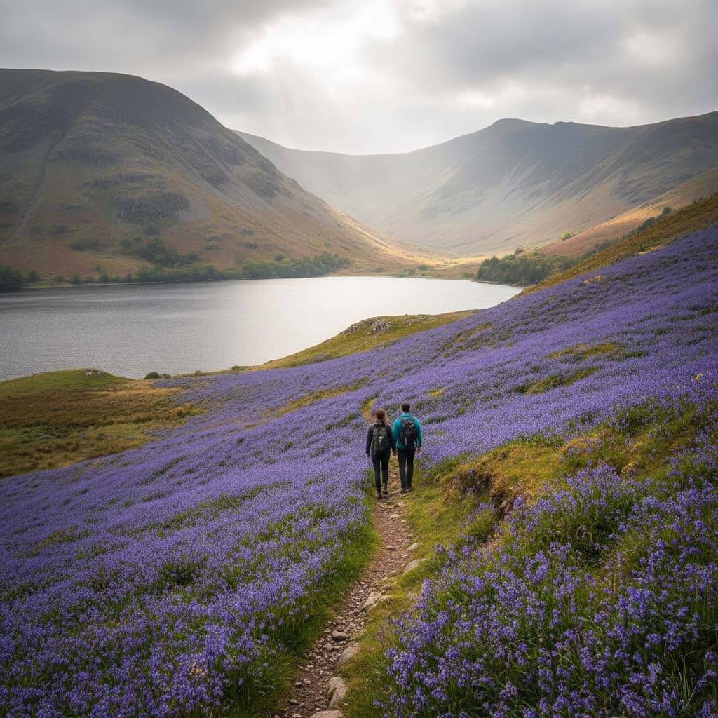 A spectacular carpet of bluebells covering the valley floor at Rannerdale