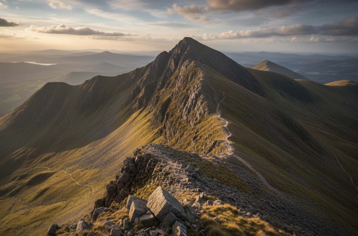Hikers on a rocky path towards Scafell Pike