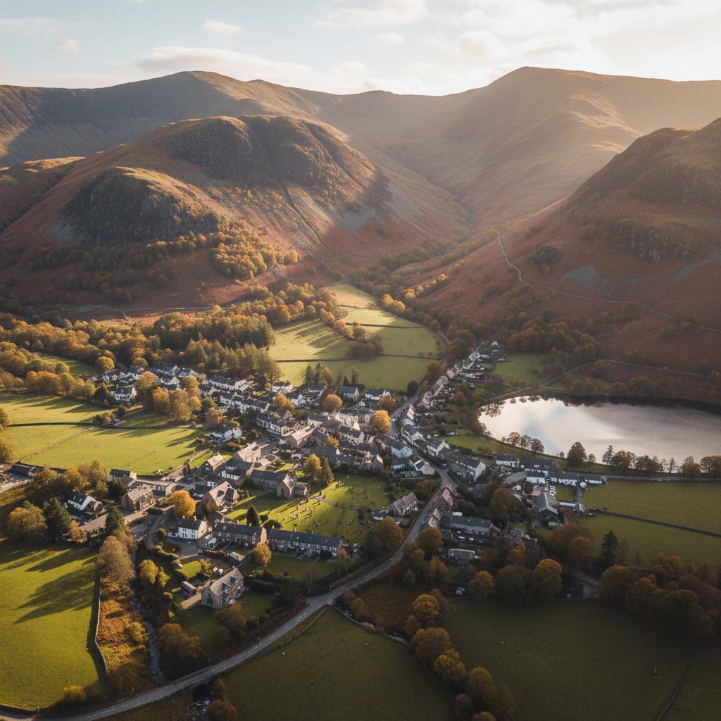 The village of Grasmere surrounded by fells